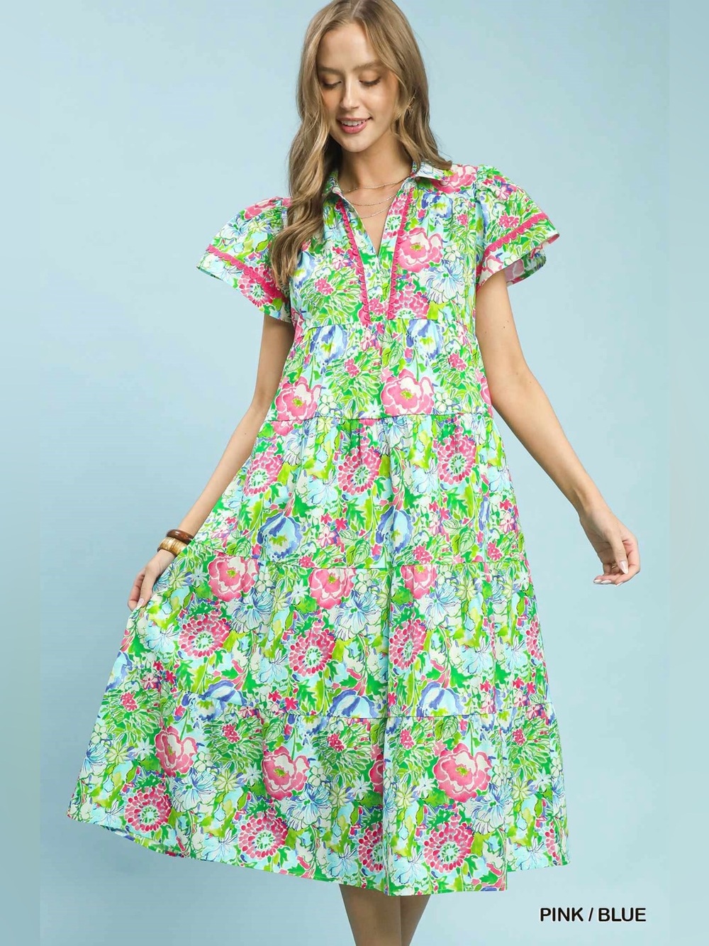 Umgee Bold Mixed Floral Tiered Midi Dress